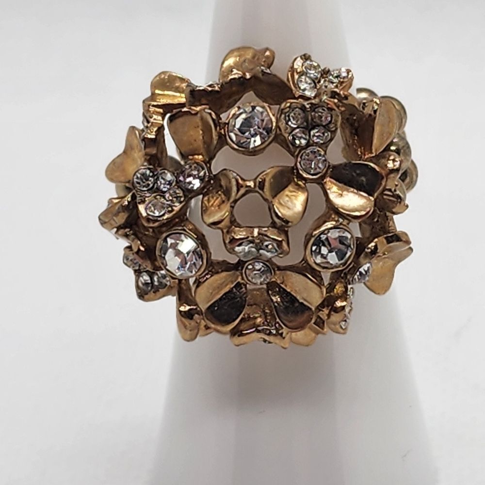 Roman Gold Tone & Clear Rhinestone Flower Cluster Stretchy Ring